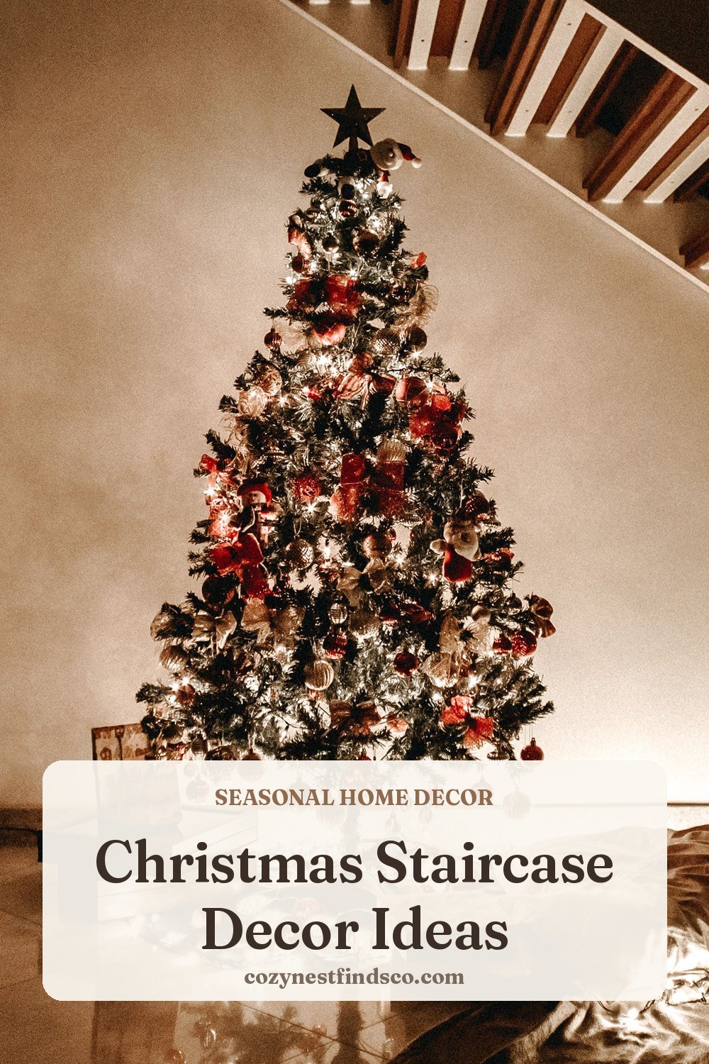 Christmas Staircase Decor Ideas: pin image for Pinterest